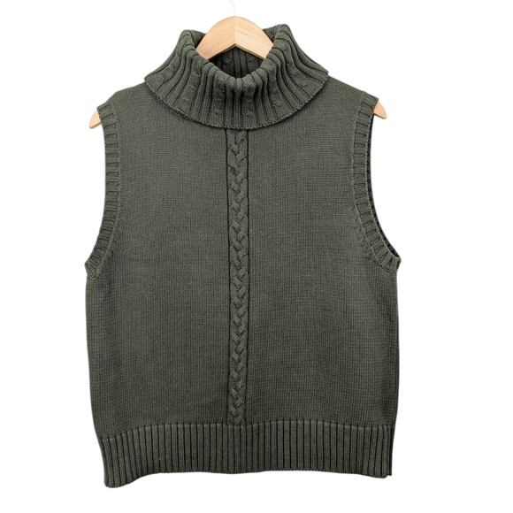 Vintage Bill Blass Sleeveless Turtleneck Sweater XL Green 100% Cotton Cable Knit - Picture 1 of 3